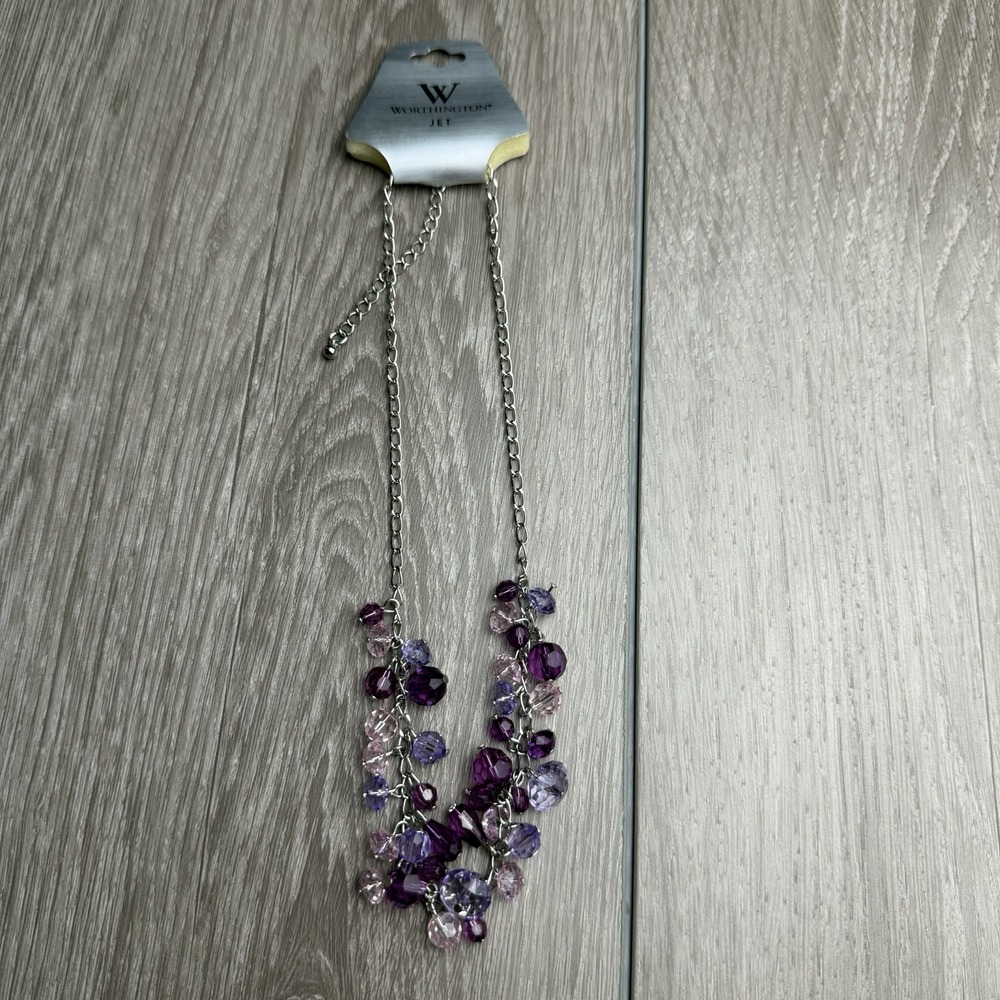 Worthington Beaded Statement Cluster Necklace Silver Tone Chain Purple New